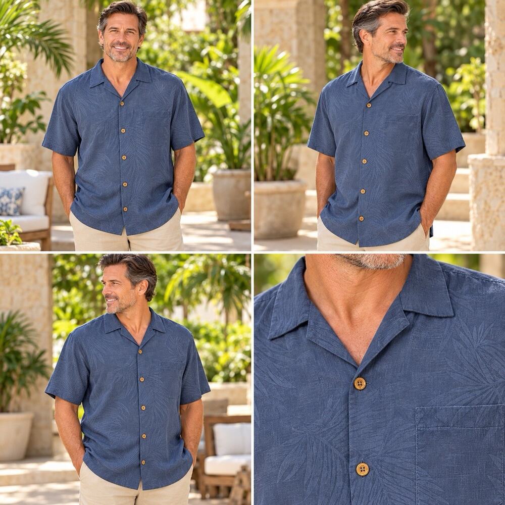 Tommy Bahama Camp Shirt Mens Large Navy Blue 100% Silk Tropical Short Sleeve